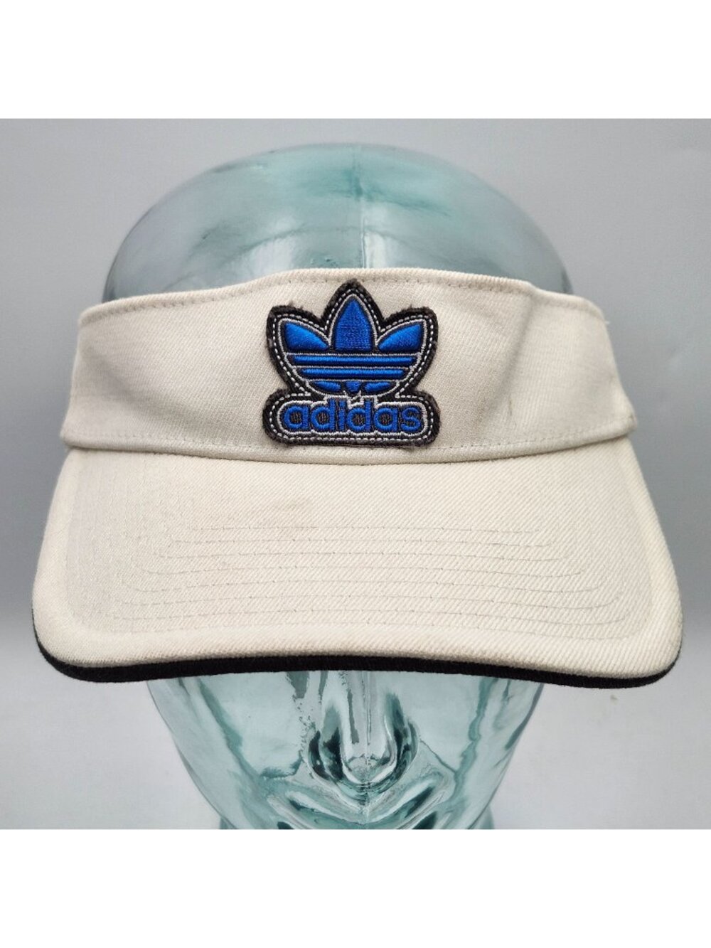 Adidas Vintage Cream Cotton Flex Visor Cap Hat Blue Embroidered Logo LG-XL